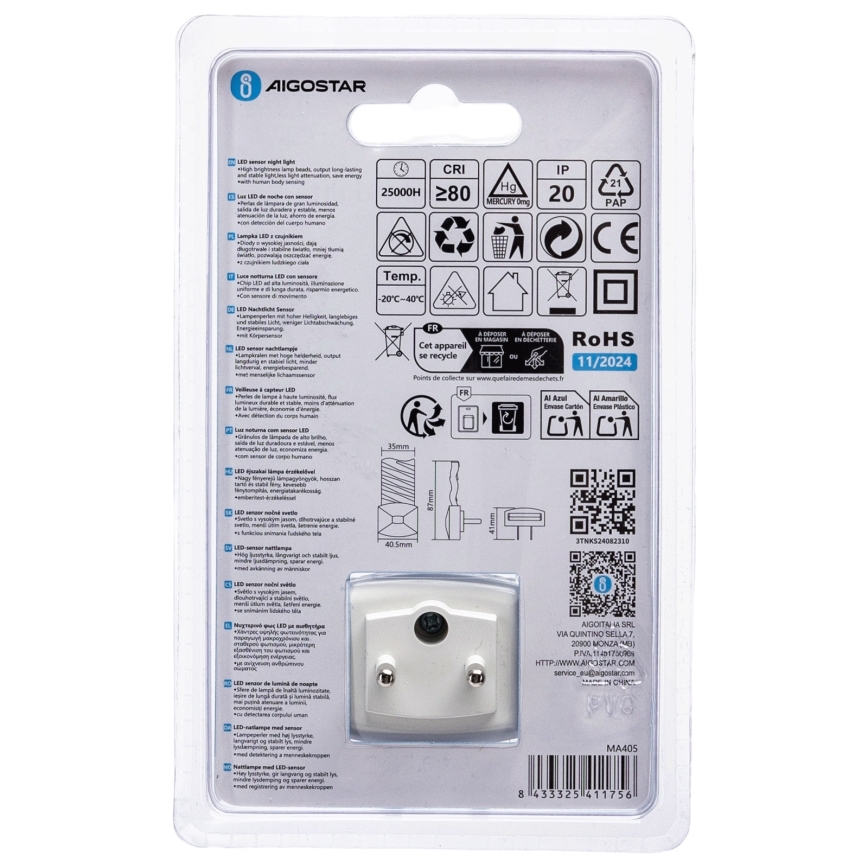 Aigostar - LED Yövalo hämärätunnistimella LED/0,2W/230V 6500K