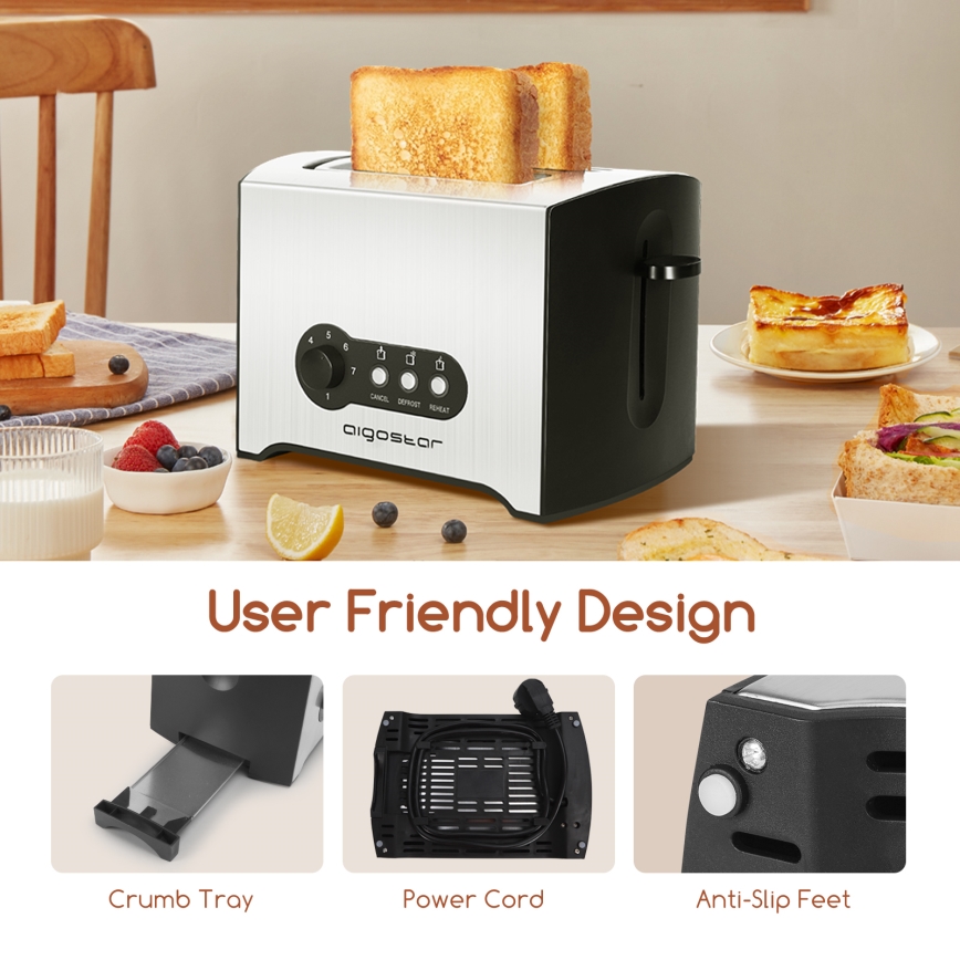 Aigostar - Leivänpaahdin kahdella aukolla 900W/230V mattakromi