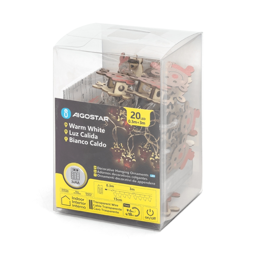 Aigostar - poroaiheinen LED-jouluvaloketju 20xLED/3xAA 3m lämmin valkoinen