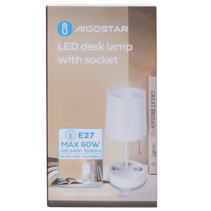 Aigostar - Pöytälamppu pistorasioilla 1xE27/60W/230V valkoinen