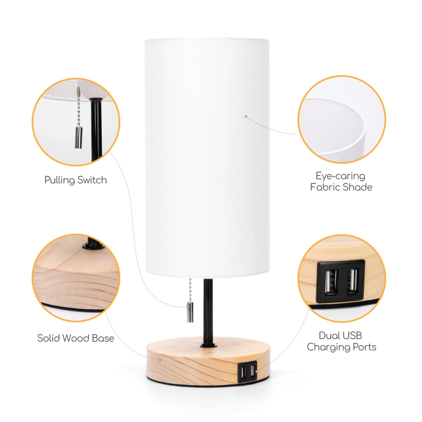 Aigostar - Pöytälamppu USB-portilla 1xE27/40W/230V musta/kerma