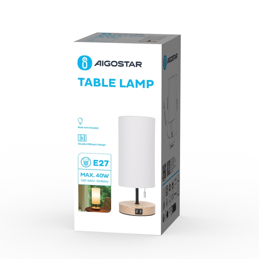 Aigostar - Pöytävalaisin USB-portilla 1xE27/40W/230V beige