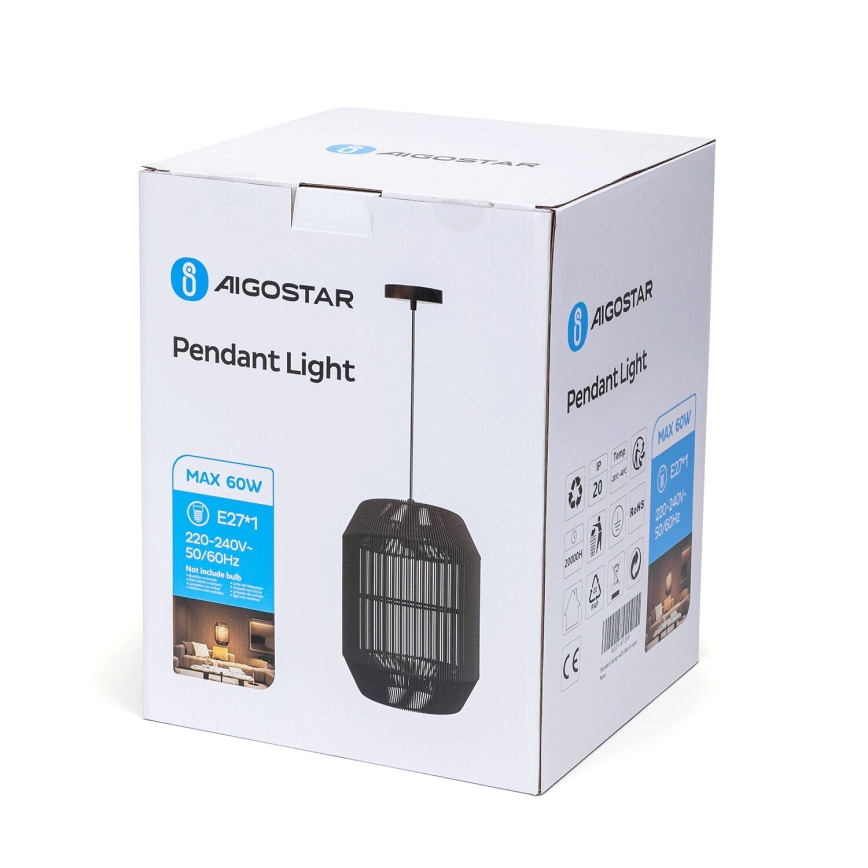 Aigostar - Riippuvalaisin johdolla 1xE27/60W/230V musta, halkaisija 23 cm