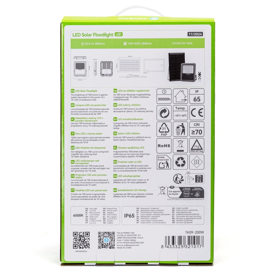 Aigostar - LED himmennettävä aurinkokohdevalo LED/200W/3,4V IP65 15000 mAh + kaukosäädin