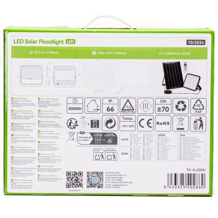 Aigostar - LED himmennettävä aurinkokohdevalo LED/200W/3,4V 3000/4000/6500K IP66 16000 mAh + kaukosäädin