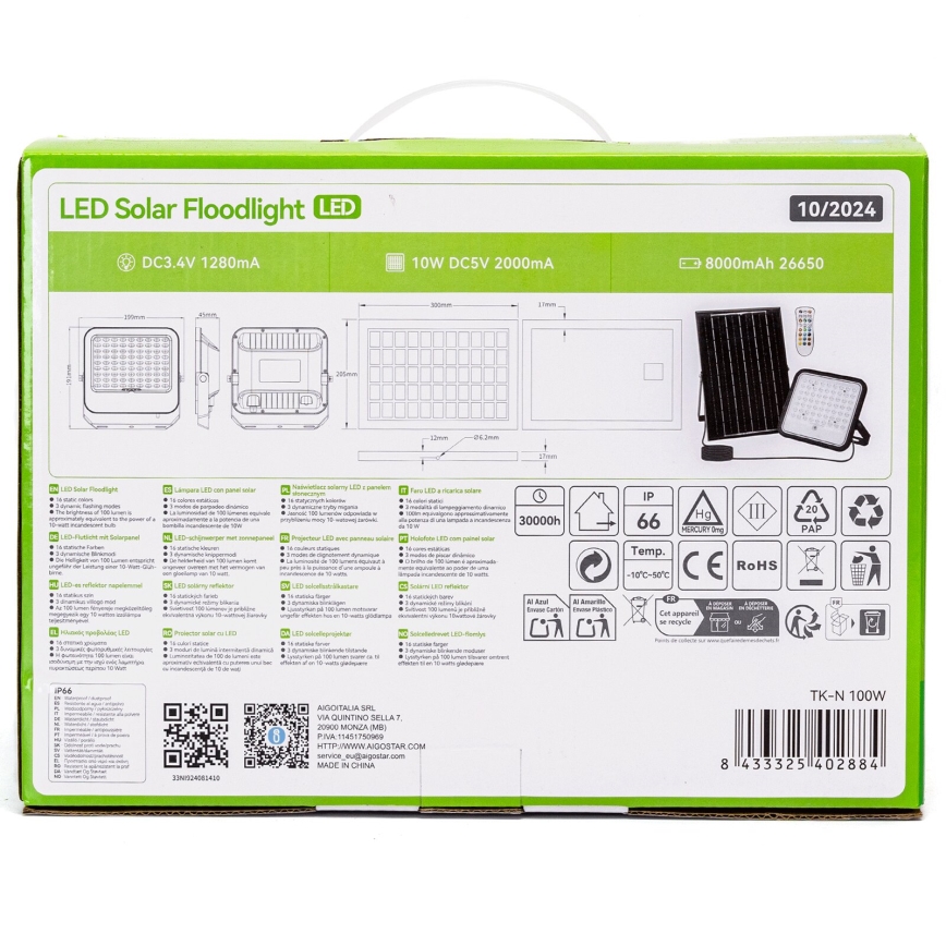 Aigostar - LED RGBW himmennettävä aurinkokäyttöinen LED-valonheitin LED/100W/3,4V IP66 8000 mAh + kaukosäädin