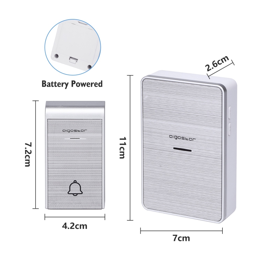 Aigostar - SETTI 2x Langaton ovikello 3xAA/12V IP44 hopea