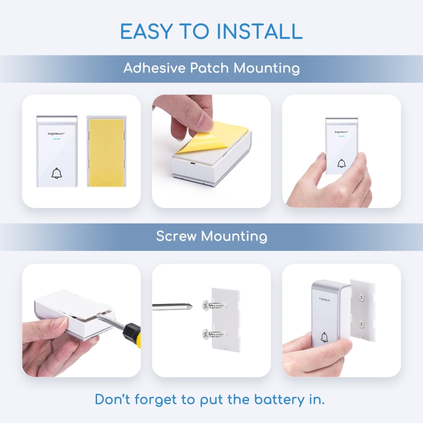 Aigostar - SETTI 2x Langaton ovikello 3xAA/12V IP44 valkoinen