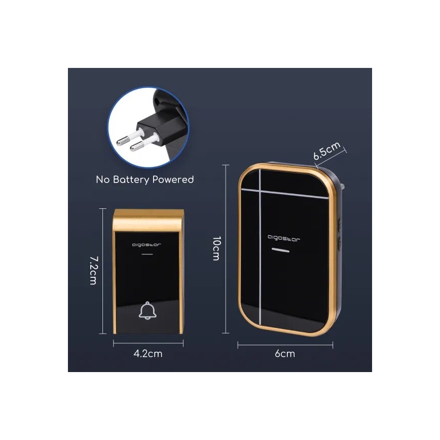 Aigostar - SETTI 2x Langaton pistokeovikello 230V/12V IP44 musta/kupari