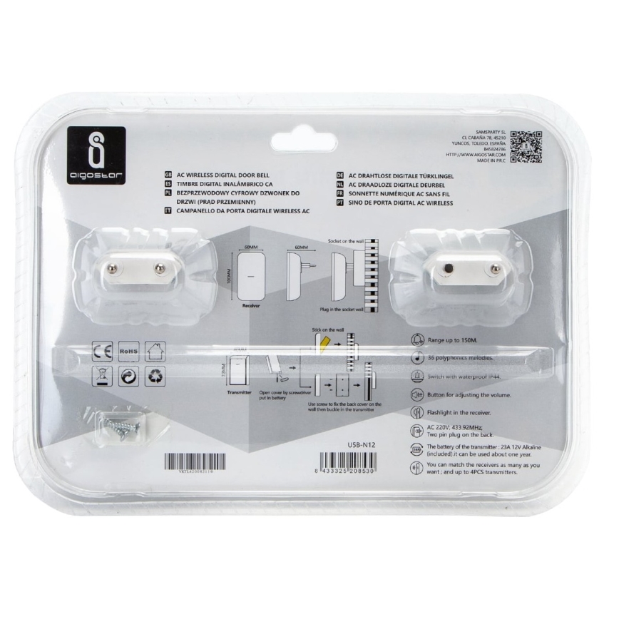 Aigostar - SETTI 2x Langaton pistokeovikello 230V/12V IP44 valkoinen