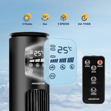 Aigostar - Tornituuletin 50W/230V musta Wi-Fi + kauko-ohjaus
