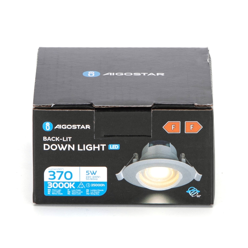 Aigostar - Upotettava LED-alasvalo, 5 W, 230 V, 3000 K, Ø 8,5 cm, valkoinen