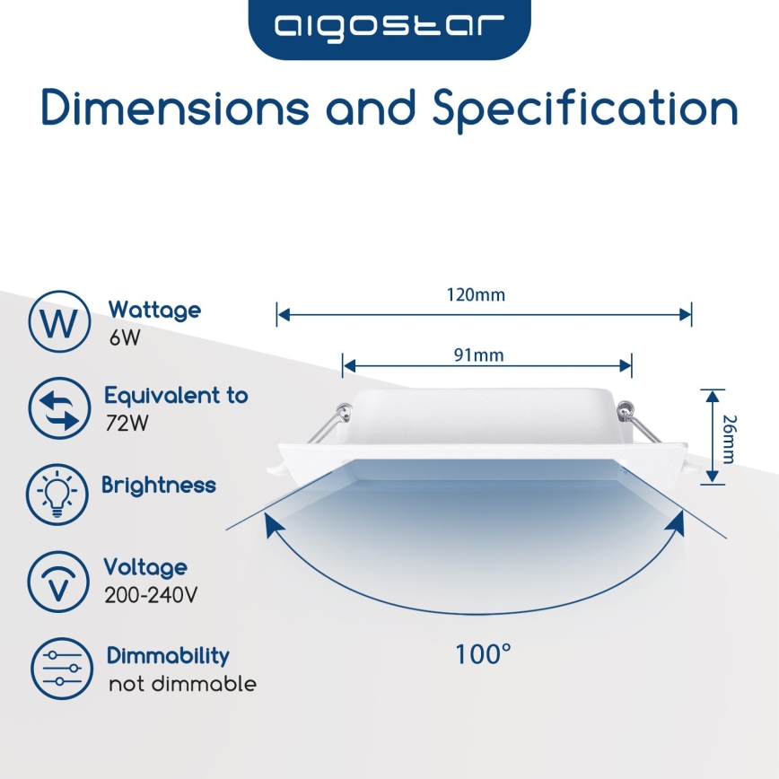 Aigostar - Upotettava LED-kattovalaisin LED/6W/230V 6500K 12x12 cm valkoinen