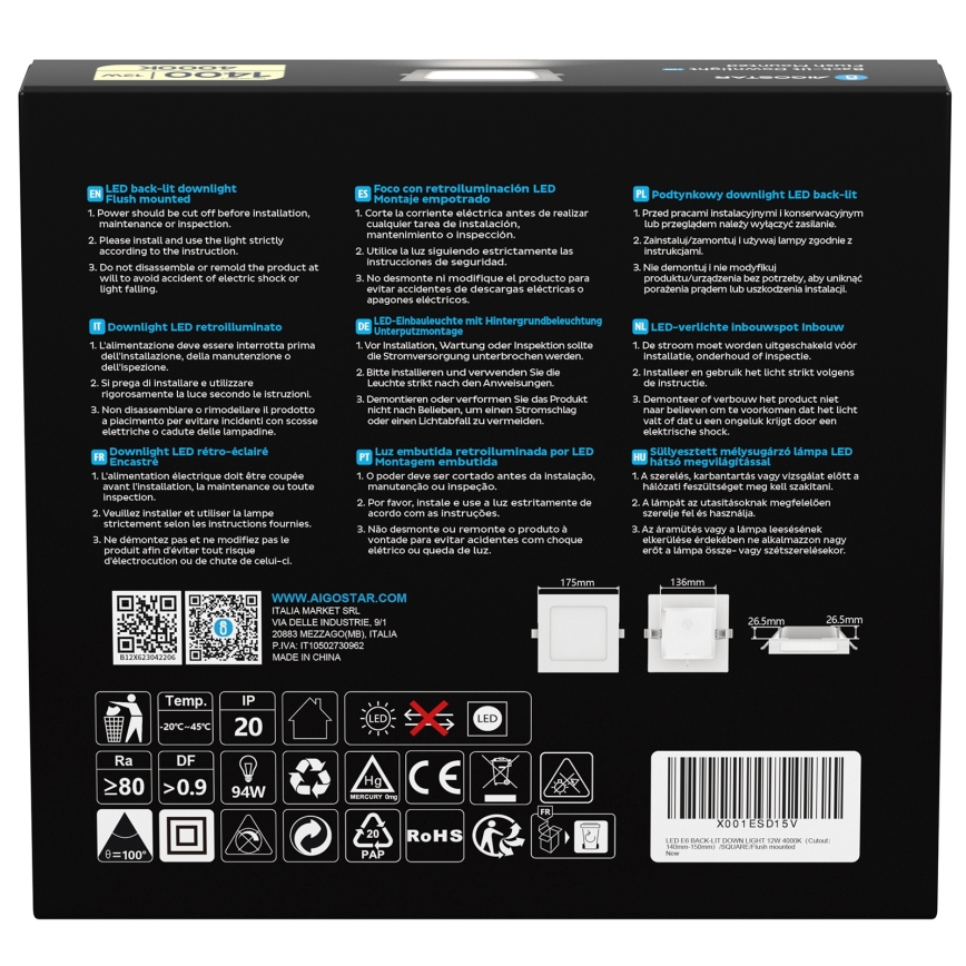 Aigostar - Uppoasennettava LED-alasvalo/12W/230V 4000K 17,5x17,5 cm valkoinen