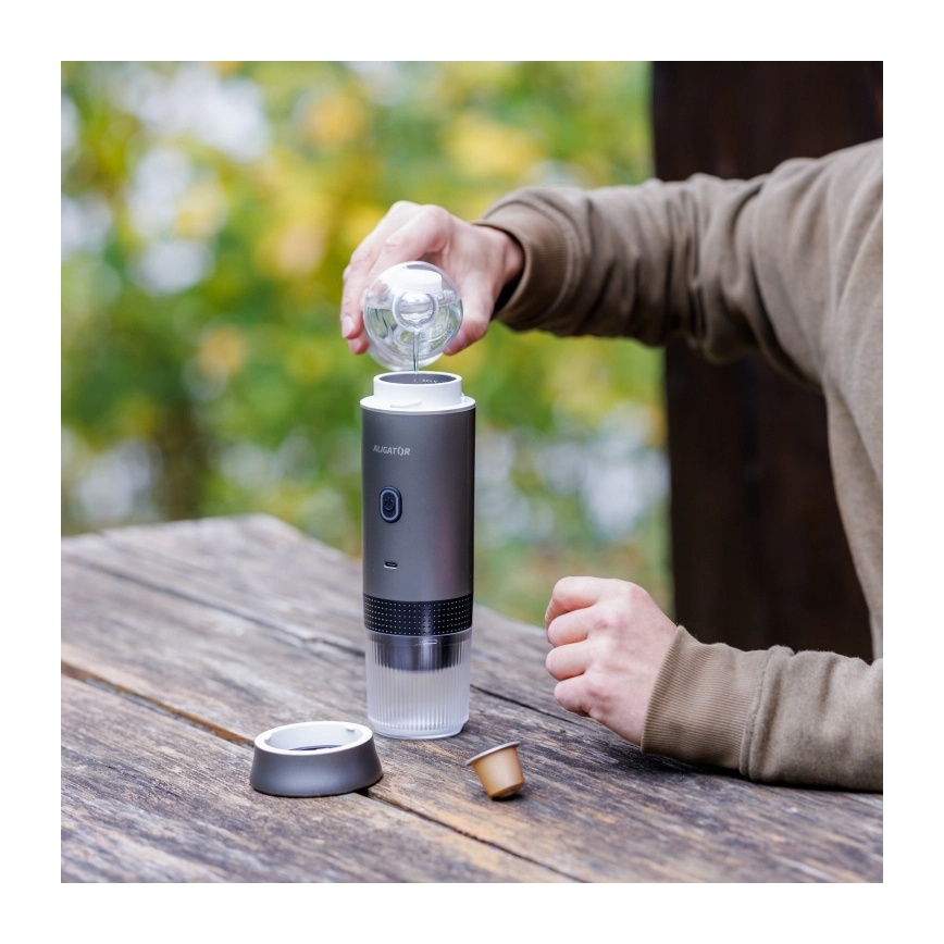 Aligator ACM002 - Kannettava ladattava kahvinkeitin PortaCaffé 3-in-1 72W/7500 mAh harmaa