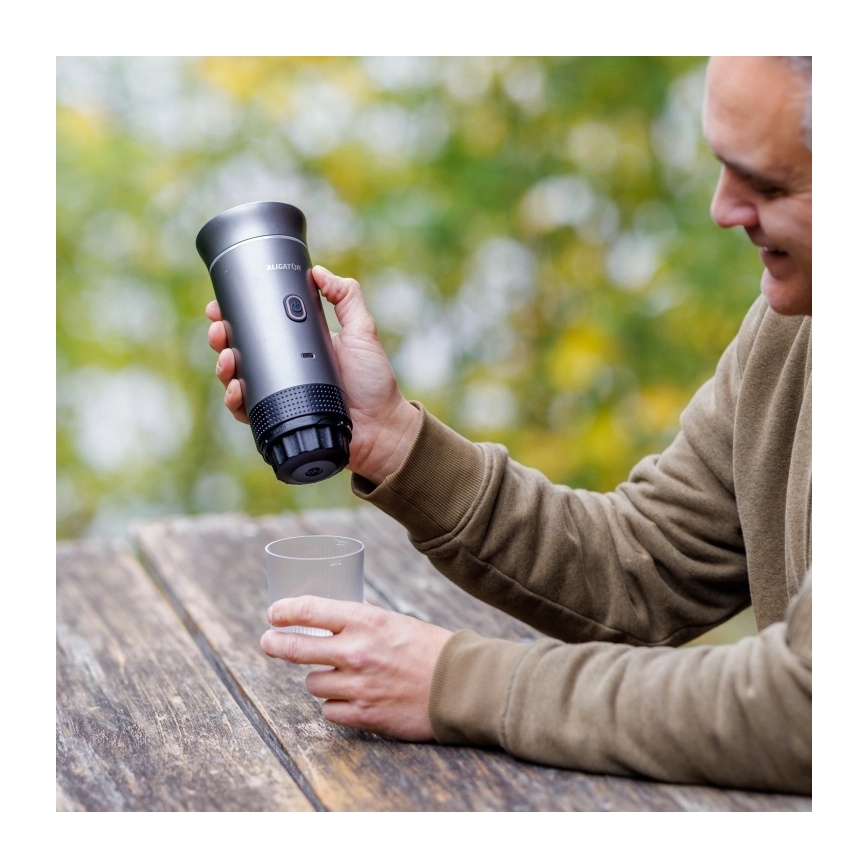 Aligator ACM002 - Kannettava ladattava kahvinkeitin PortaCaffé 3-in-1 72W/7500 mAh harmaa