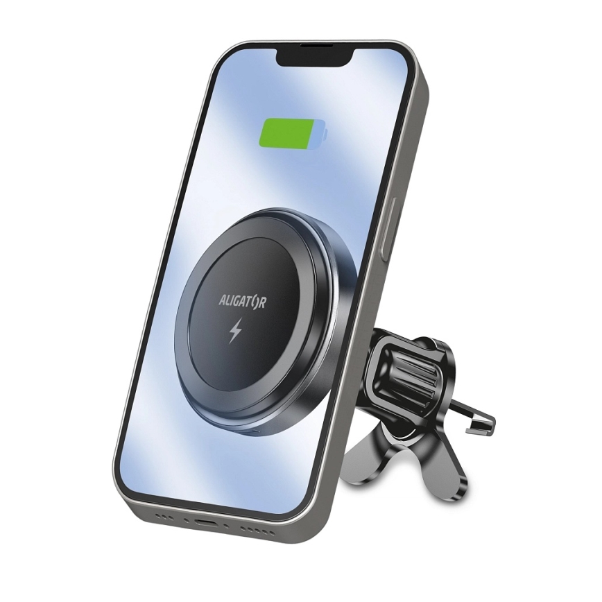 Aligator AMS05BK - Magneettinen puhelinteline autoon langattomalla Qi-latauksella 15 W ja MagSafe-yhteensopiva, musta
