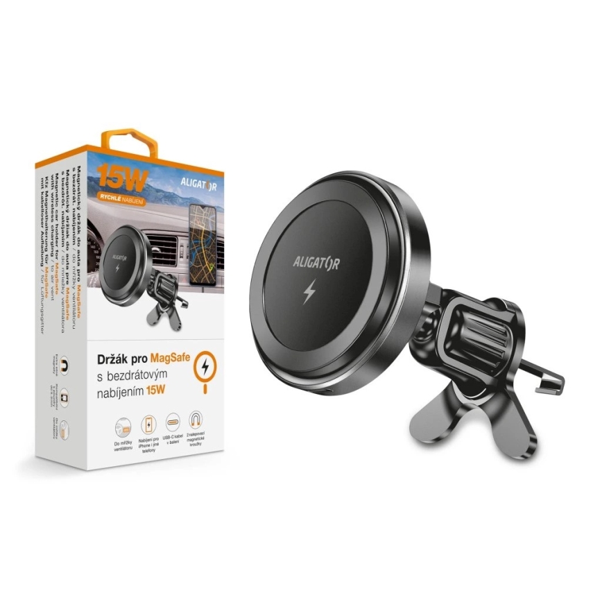 Aligator AMS05BK - Magneettinen puhelinteline autoon langattomalla Qi-latauksella 15 W ja MagSafe-yhteensopiva, musta