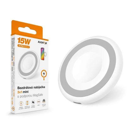 Aligator AMS08WT - Langaton MagSafe 3-in-1-laturi, 15 W, valkoinen