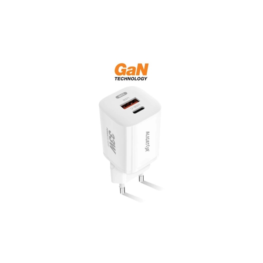 Aligator CHPD0020 - 33 W GaN Power Delivery -pikalaturi USB-A + USB-C, valkoinen
