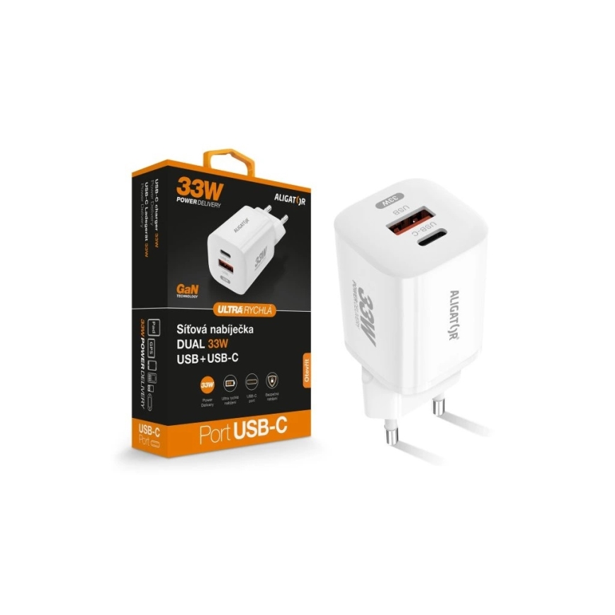 Aligator CHPD0020 - 33 W GaN Power Delivery -pikalaturi USB-A + USB-C, valkoinen