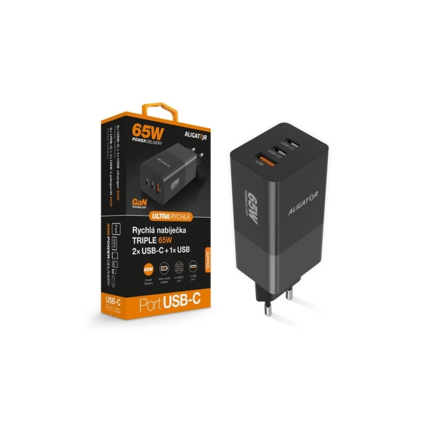 Aligator CHPD0027 - 65 W GaN Power Delivery -pikalaturi, 2x USB-C + USB-A, musta
