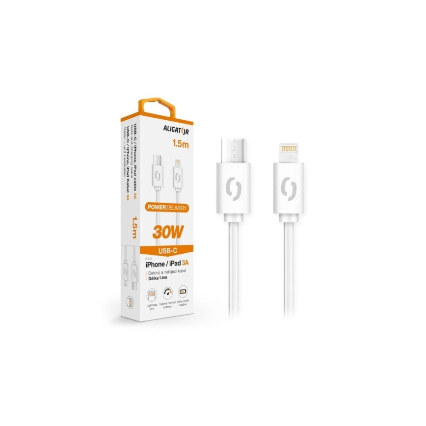 Aligator DATKP51 - USB-kaapeli USB-C / Lightning 30 W Power Delivery 1,5 m valkoinen