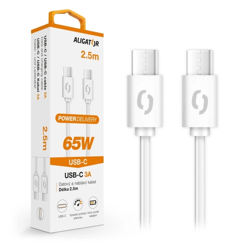 Aligator DATKP59 - USB-kaapeli USB-C / USB-C 65 W Power Delivery 2,5 m valkoinen