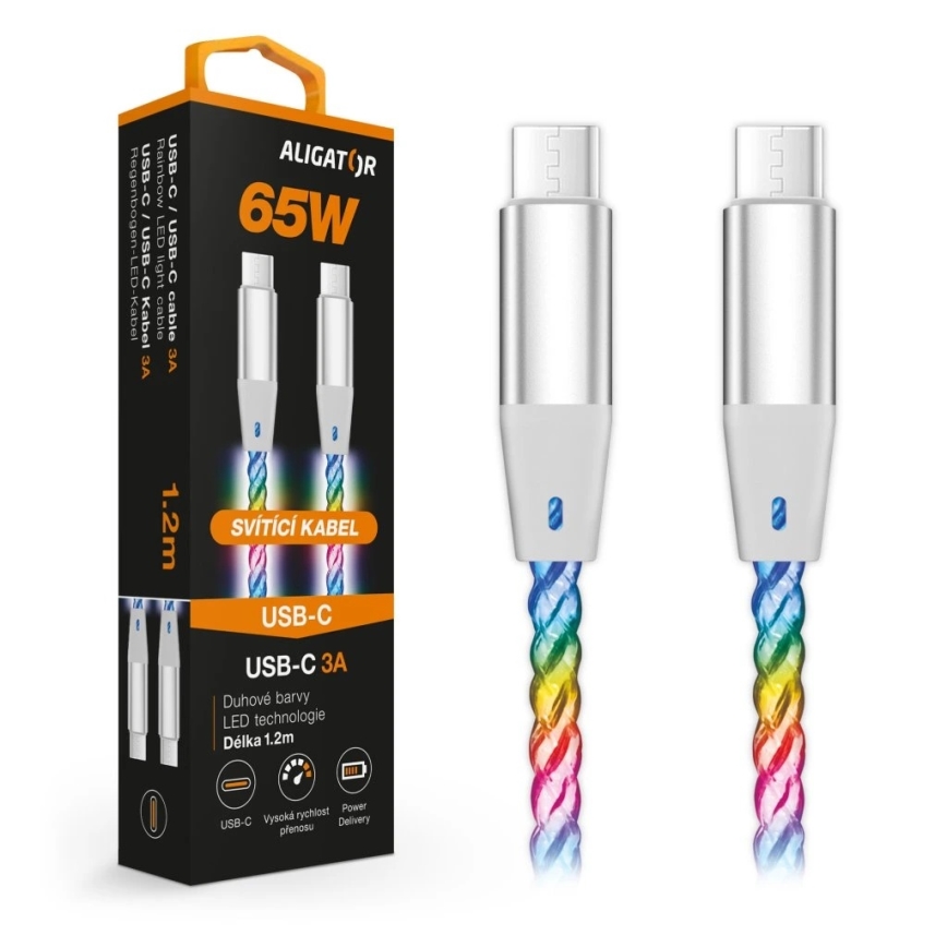 Aligator DATKP62 - USB-kaapeli USB-C / USB-C LED-taustavalolla 65 W Power Delivery 1,2 m