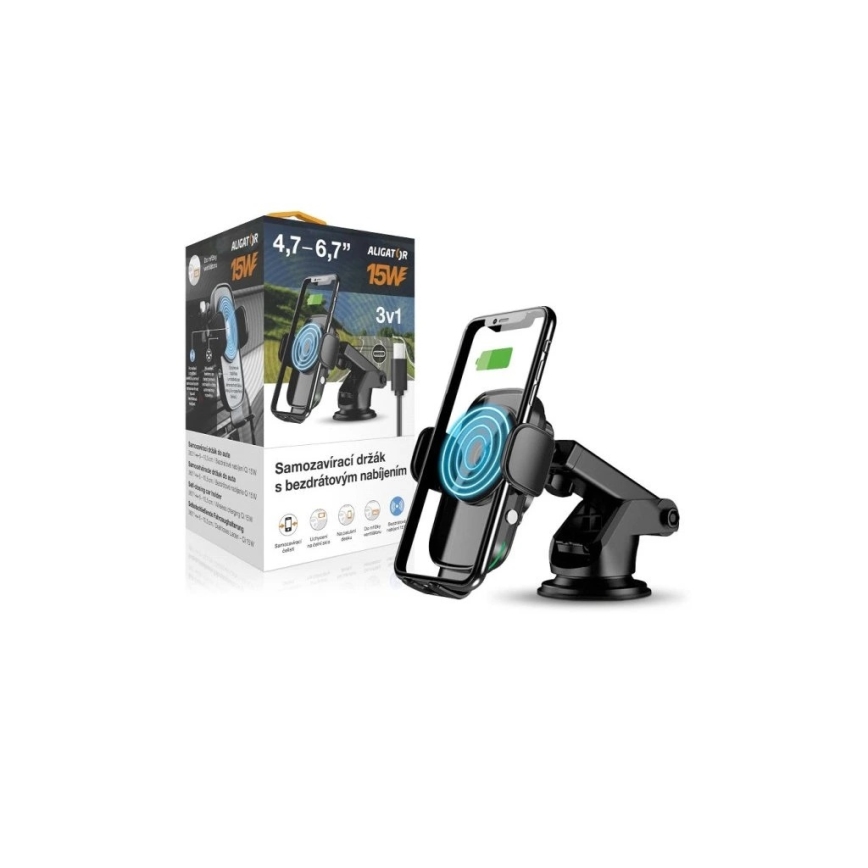 Aligator HAK2 - Automaattisesti sulkeutuva puhelinteline autoon Qi-langattomalla 15 W latauksella, musta