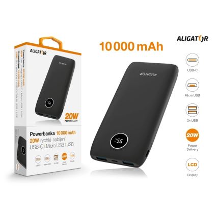 Aligator PBPD10BK - Powerbank LCD-näytöllä Power Delivery 10000 mAh/20W/3,7V musta