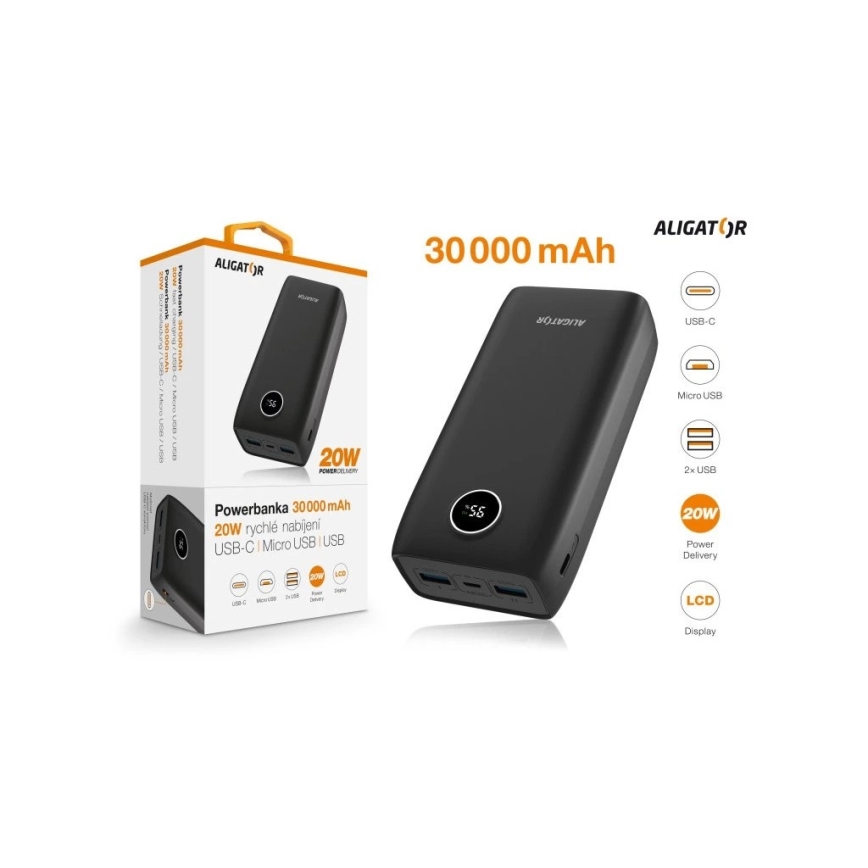 Aligator PBPD30BK - varavirtalähde LCD-näytöllä, Power Delivery, 30000 mAh/20 W/3,7 V, musta