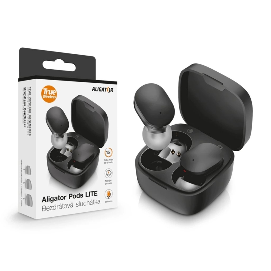 Aligator TWS05 - langattomat Pods LITE -kuulokkeet, 200 mAh + 2x 30 mAh, IP30-suojaus, musta