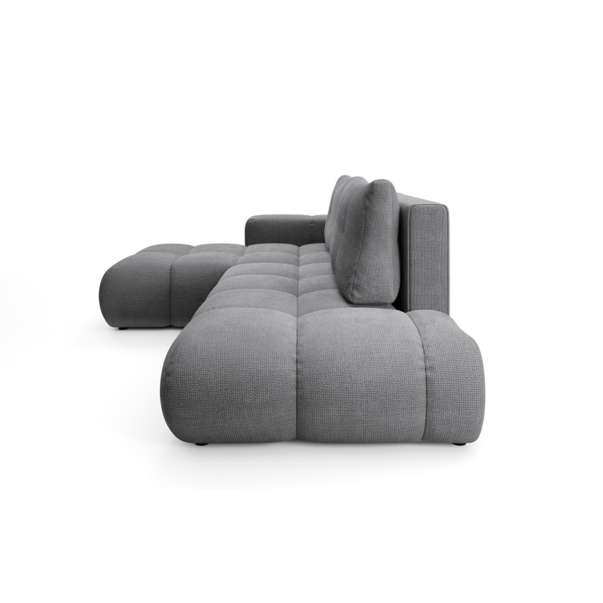 L-mallinen ALMADA verhoiltu kulmasohva, levitettävä vuoteeksi, säilytystilalla, vasen, harmaa