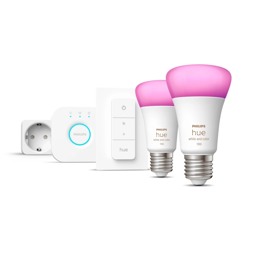 Philips Hue WHITE AND COLOR AMBIANCE -aloituspaketti 2xE27/9W/230V 2200-6500K + älypistorasia, Hue Bridge ja himmenninkytkin