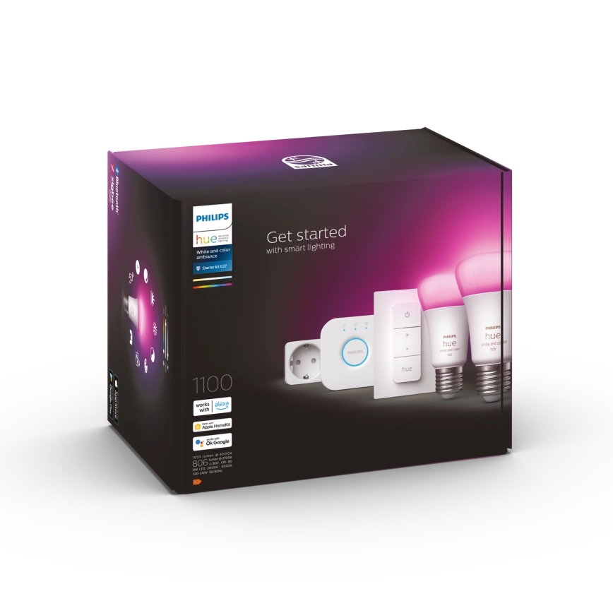 Philips Hue WHITE AND COLOR AMBIANCE -aloituspaketti 2xE27/9W/230V 2200-6500K + älypistorasia, Hue Bridge ja himmenninkytkin