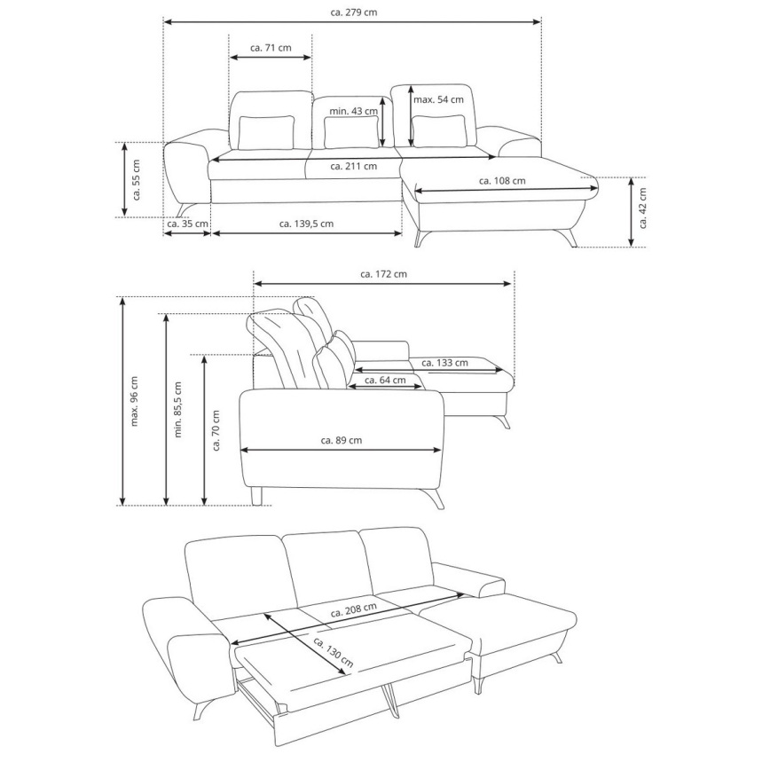 Avattava vasen L-mallinen verhoiltu kulmasohva ALTA, säilytystilalla, keltainen