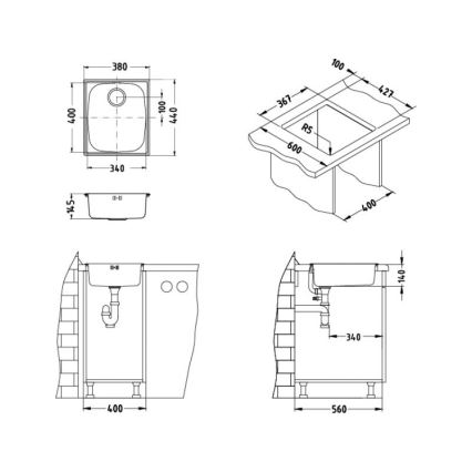 ALVEUS 1082195 - keittiöallas BASIC 44x38 cm ruostumaton teräs/satiini, suuri poistoaukko