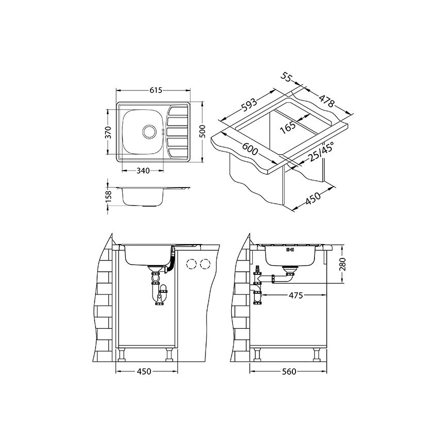 ALVEUS 1098940 - Keittiön pesuallas ZOOM 61,5x50 cm satin, yläasennukseen