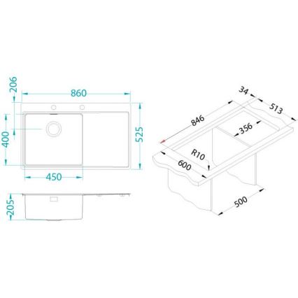ALVEUS 1103652 - Keittiön pesuallas PURE 86x52,5 cm satin, vasen