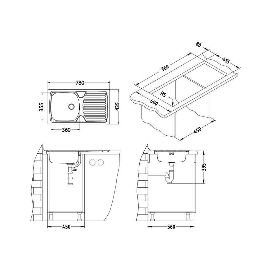 ALVEUS 1136534 - Keittiöallas BASIC 78x43,5 cm ruostumaton teräs/satiinipinta, pieni viemäröintiaukko