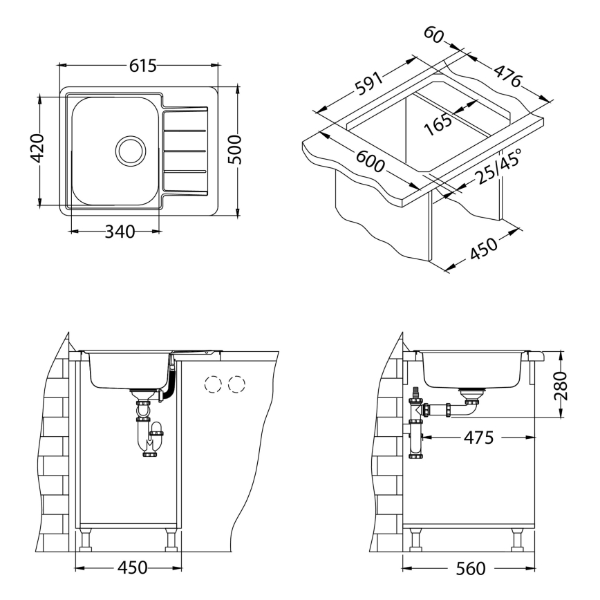 ALVEUS 1144603 - Keittiöallas LINE 61,5 x 50 cm ruostumaton teräs/satiini, ilman tyhjennysmekanismia