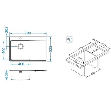ALVEUS 1149516 - Keittiöallas PURE 79x52,5 cm, satiinipintainen, oikeanpuoleinen + sifoni nopealukituksella