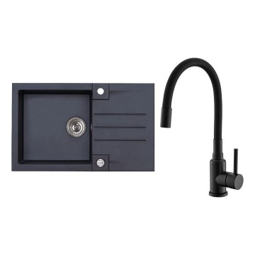 ALVEUS SETA23201 - Keittiöallas ROCK 78x48 cm + allashana joustavalla juoksuputkella MINTAS 34 cm graniitti/mattamusta