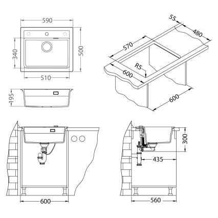 ALVEUS SETA23228 - Keittiöallas ATROX 59x50 cm + keittiöhana MINTAS 34 cm, joustavalla juoksuputkella, graniitti/mattamusta