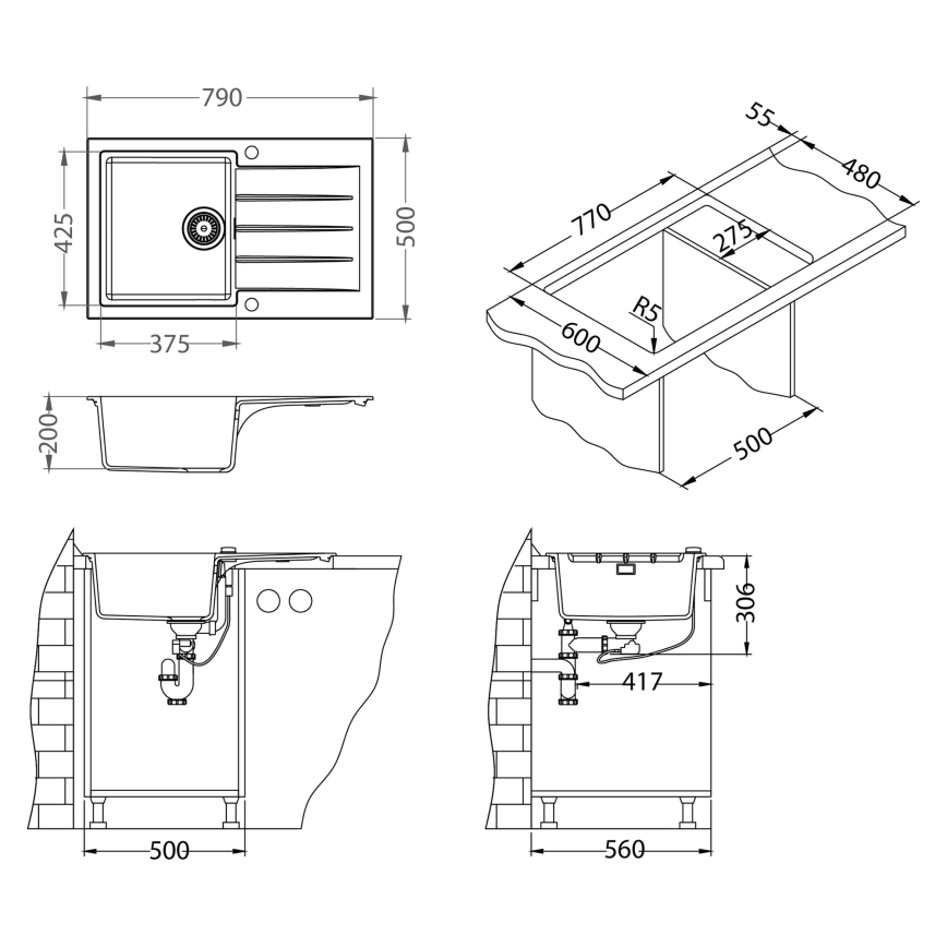 ALVEUS SETA23231 - Keittiöallas CADIT 79 x 50 cm + keittiöhana MINTAS 34 cm joustavalla juoksuputkella, graniitti/mattamusta