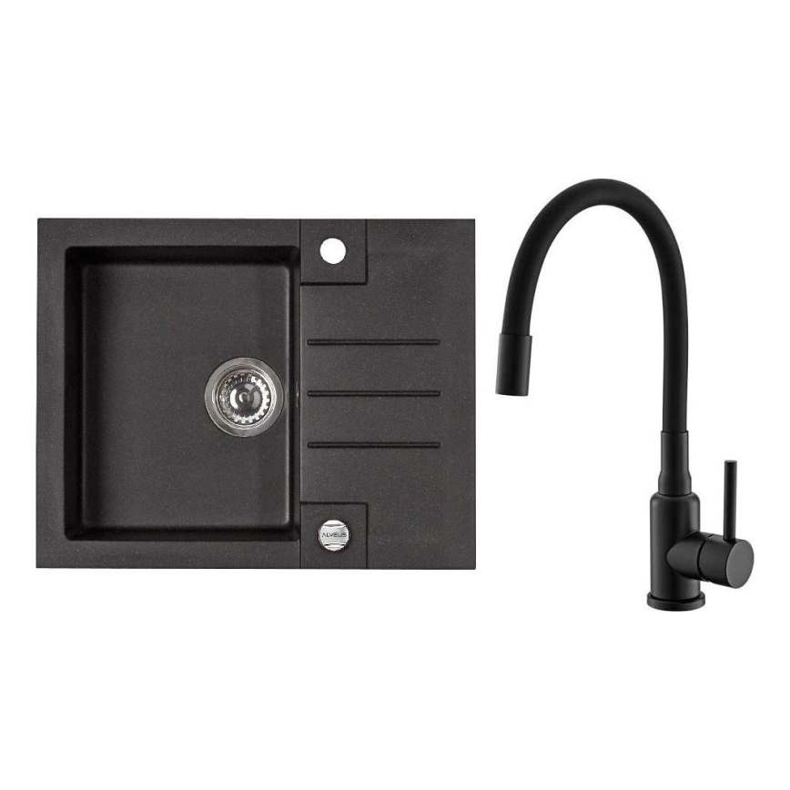 ALVEUS SETA23236 - Keittiöallas ROCK 59,5x47,5 cm + keittiöhana joustavalla varrella MINTAS 34 cm graniitti/mattamusta