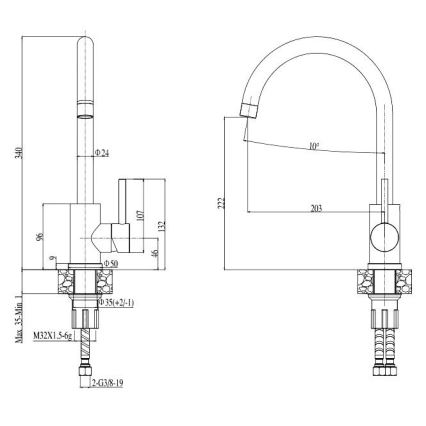 ALVEUS SETA737 - keittiöallas CORTINA 50x45 cm + keittiöhana TONIA 29,5 cm joustavalla juoksuputkella, graniitti/mattamusta