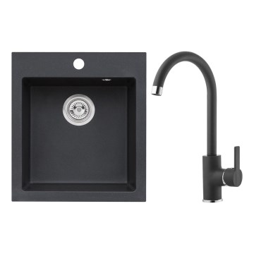 ALVEUS SETA737 - keittiöallas CORTINA 50x45 cm + keittiöhana TONIA 29,5 cm joustavalla juoksuputkella, graniitti/mattamusta
