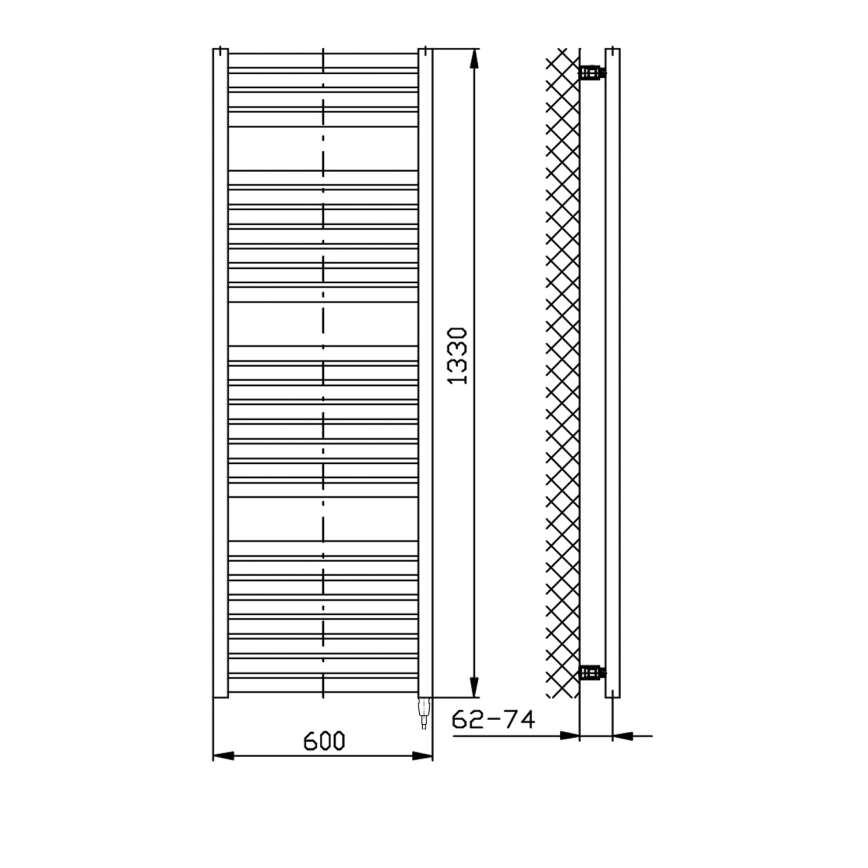 Aqualine - Kylpyhuoneen sähköinen pyyhekuivain TONDI-E 600 W 133x60 cm mattamusta